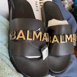 Balmain Black Slide Sandals with Gold Logo